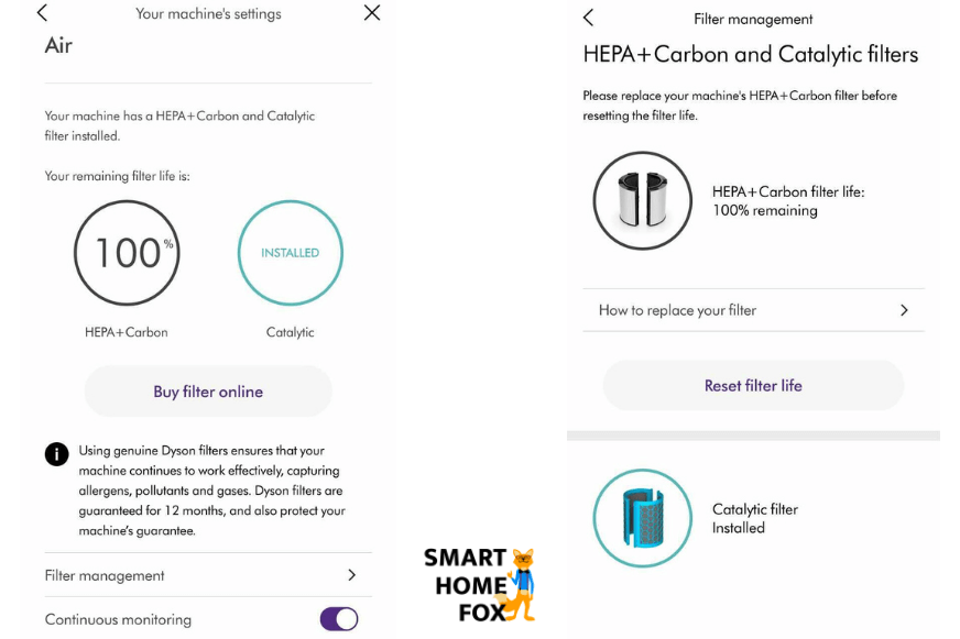 Im Filtermanagement der Dyson Link App findet man die restliche Lebensdauer der Filtereinheiten